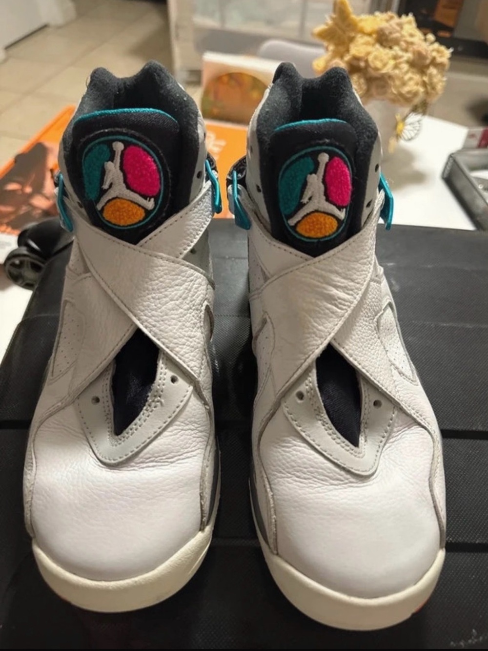 Jordan Kids White High-Top Sneakers with Teal, Pink & Yellow Accents